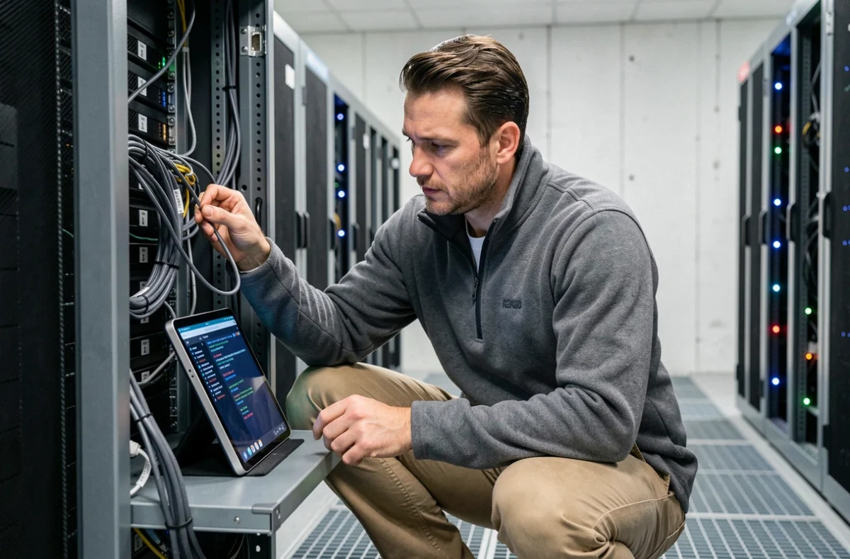 Technicien d'Ad2I effectuant une maintenance sur un rack serveur dans une salle informatique