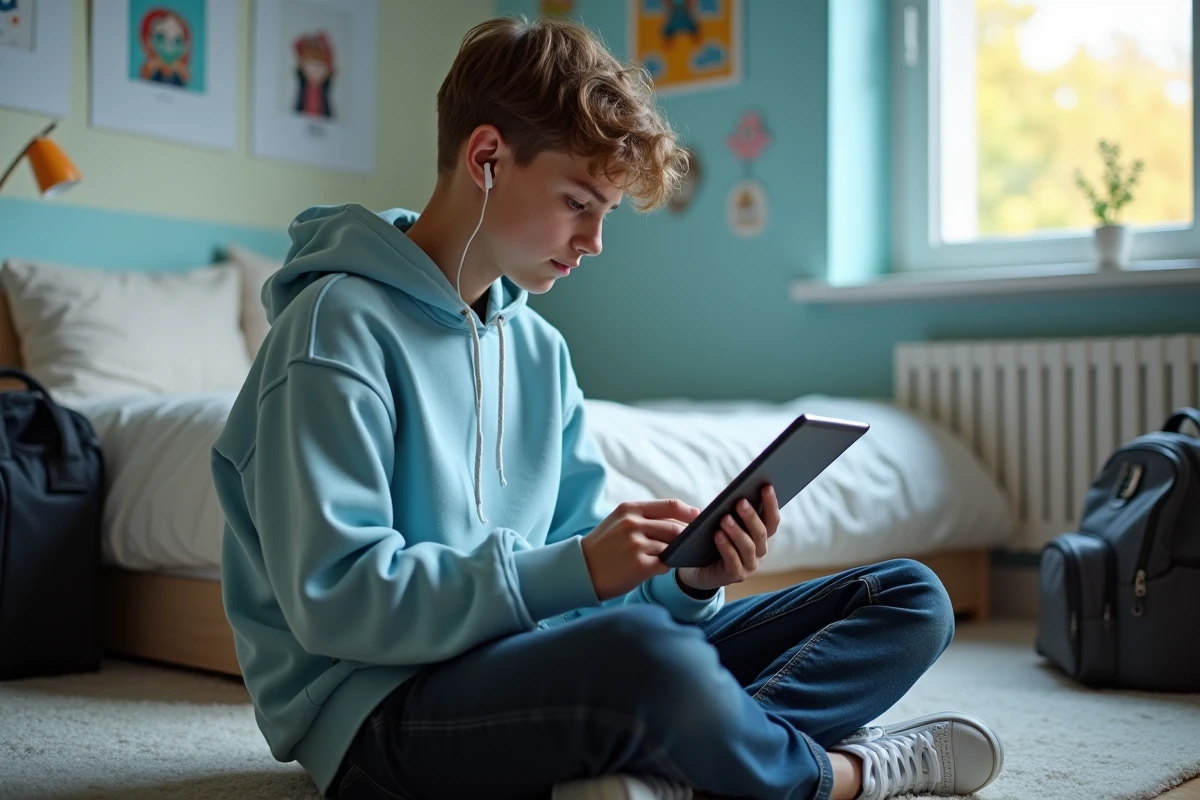 Adolescent avec hoodie réglant webmail sur sa tablette