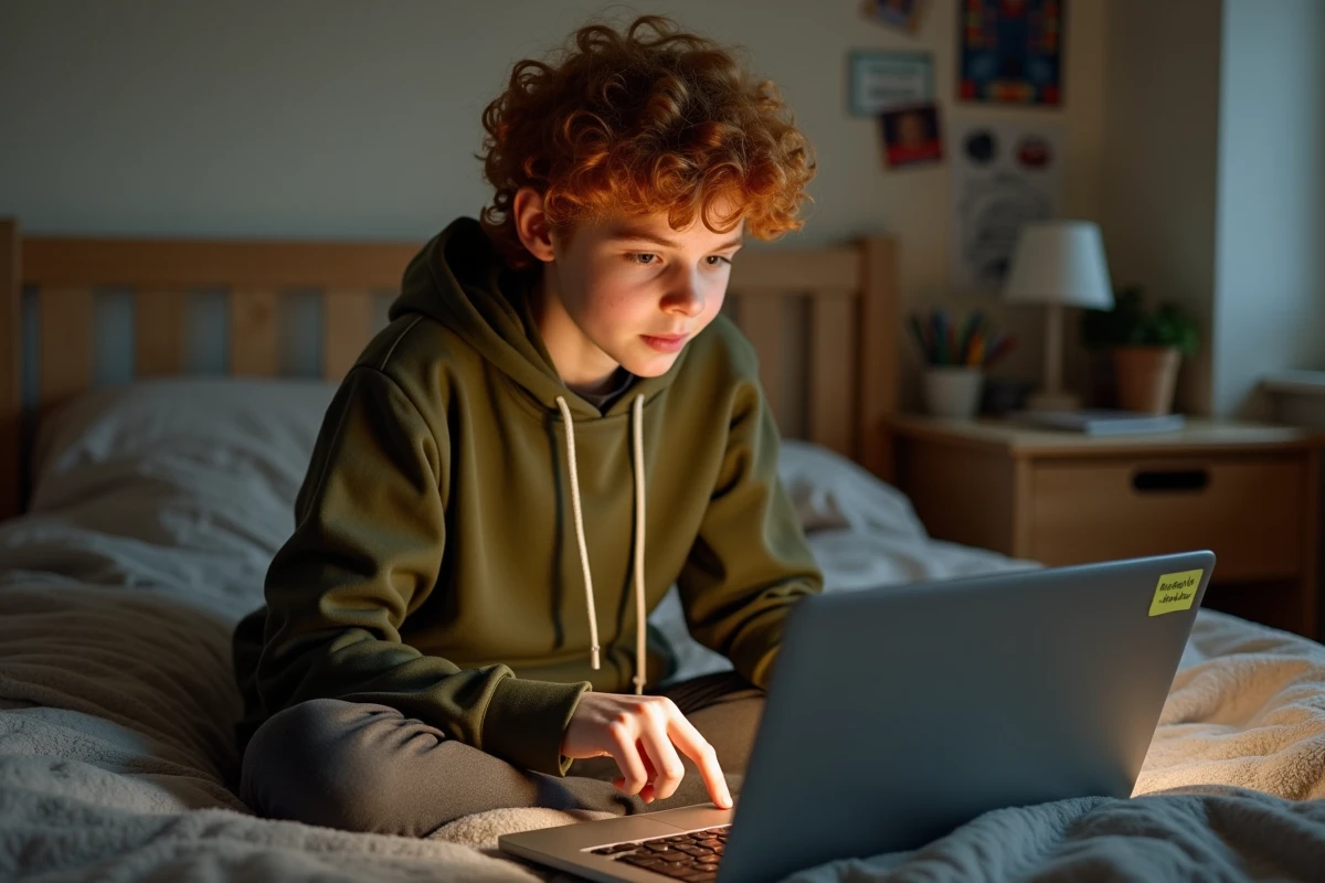 Adolescent dans sa chambre cherchant comment écrire l'arobase sur le clavier de son ordinateur portable