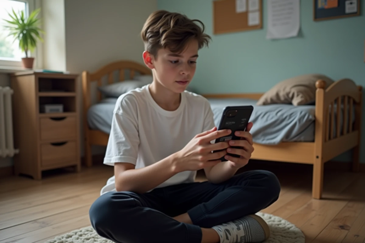 Adolescent assis sur le sol de sa chambre utilisant un smartphone pour accéder à Google USA sans VPN payant via un navigateur mobile