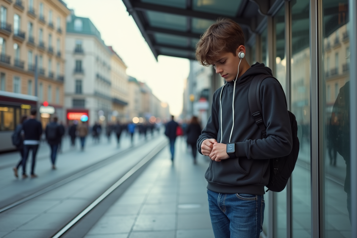 Adolescent dans la ville avec smartwatch et écouteurs