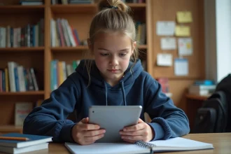 Adolescente consultant un agenda scolaire numérique sur tablette depuis sa chambre