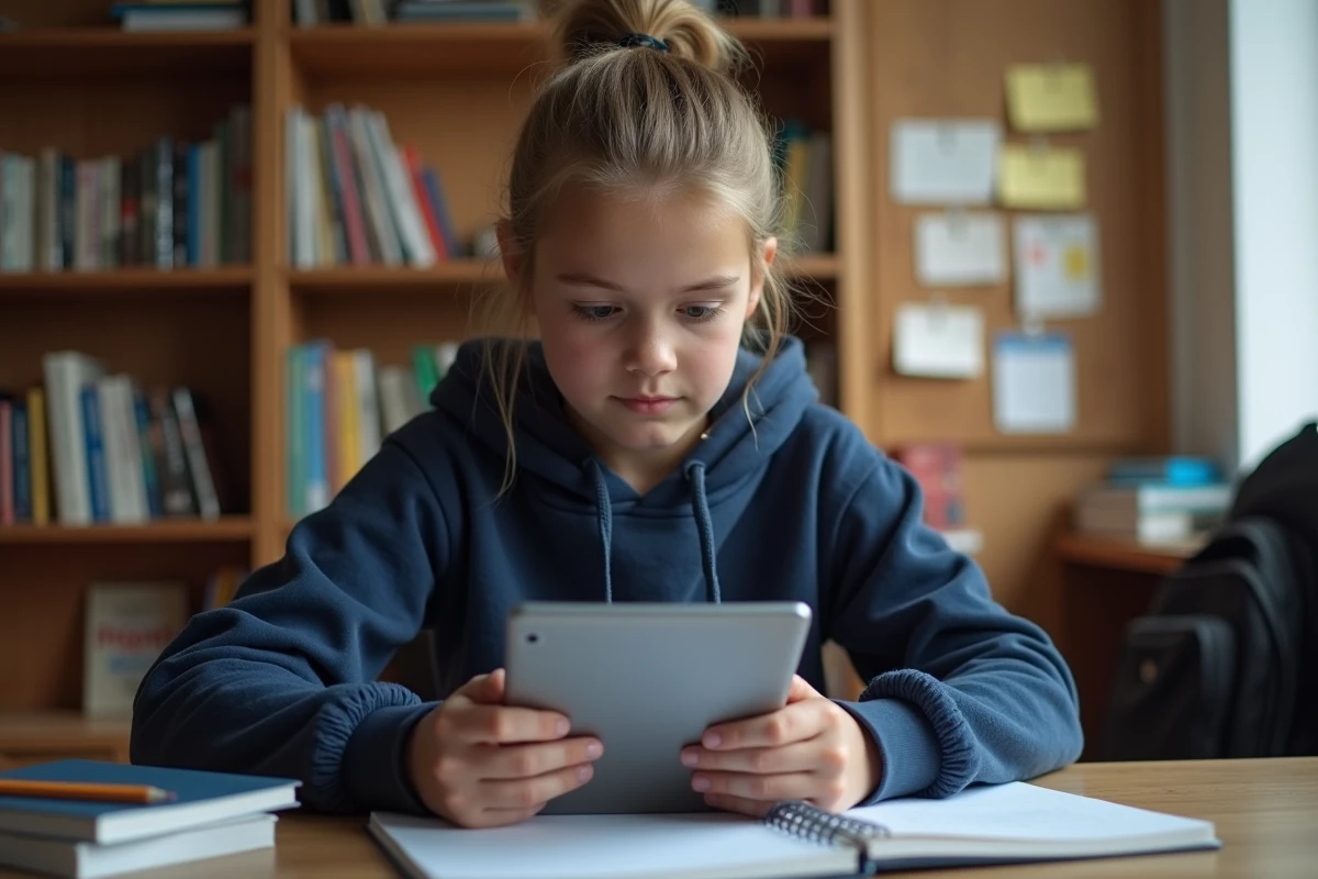 Adolescente consultant un agenda scolaire numérique sur tablette depuis sa chambre