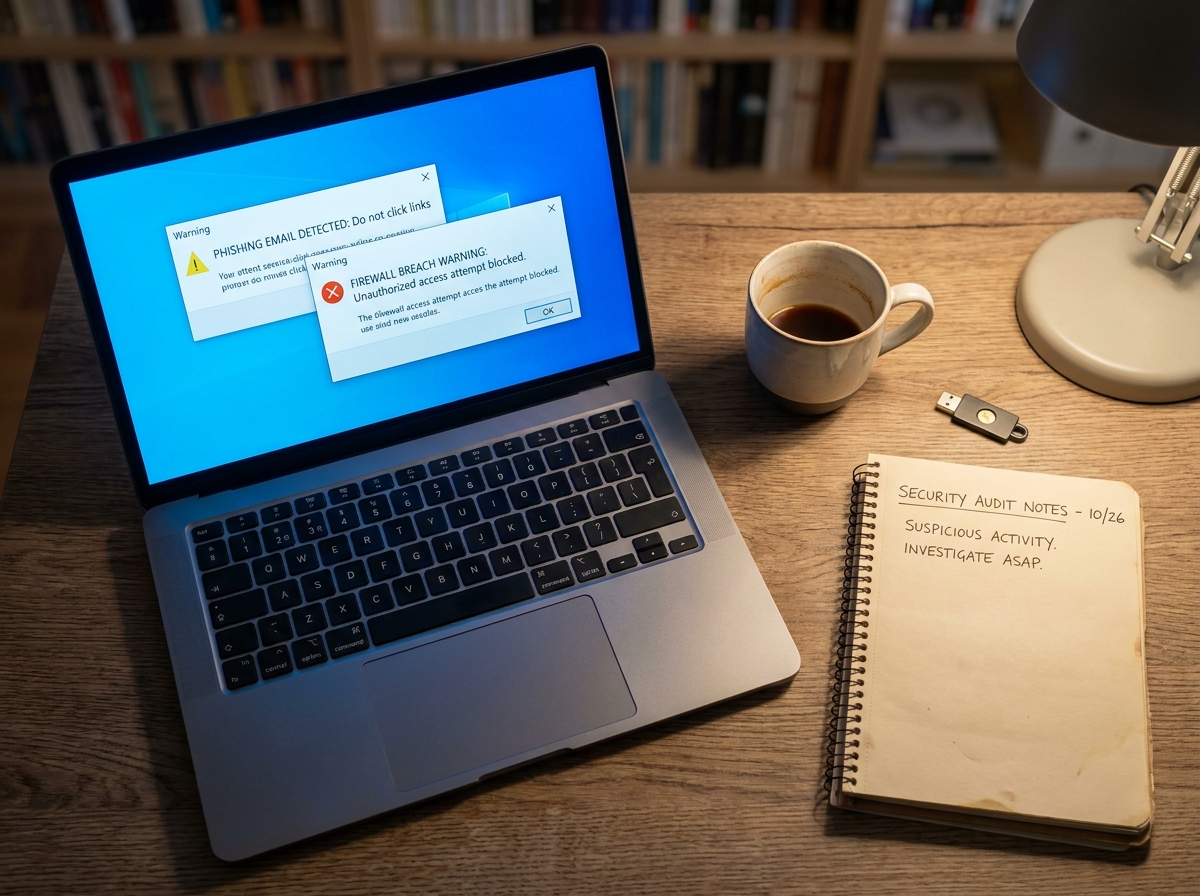 Ordinateur portable affichant une alerte de phishing et notes d'audit de sécurité sur un bureau de télétravail
