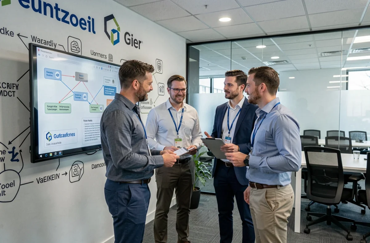 Équipe de consultants informatiques d'une ESN travaillant sur des schémas réseau dans un bureau moderne à Perpignan