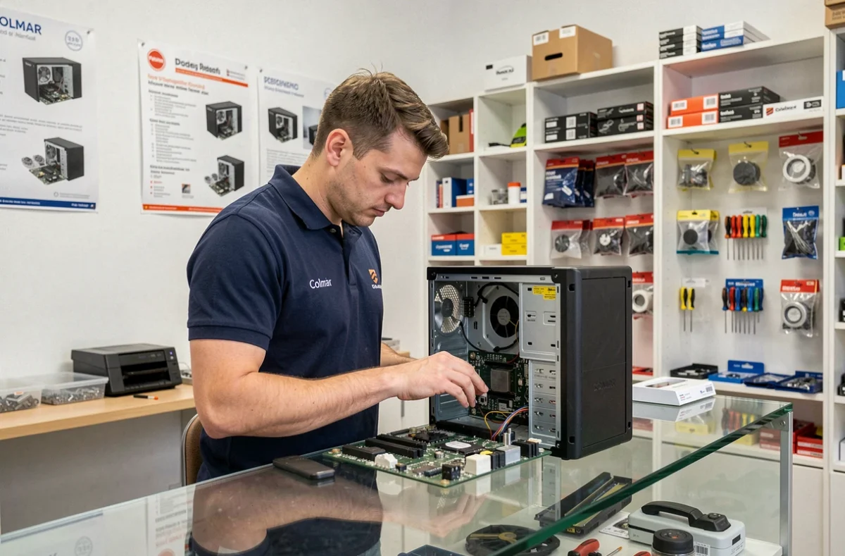Technicien en informatique examinant une carte mère dans la boutique Alsace Micro Services à Colmar