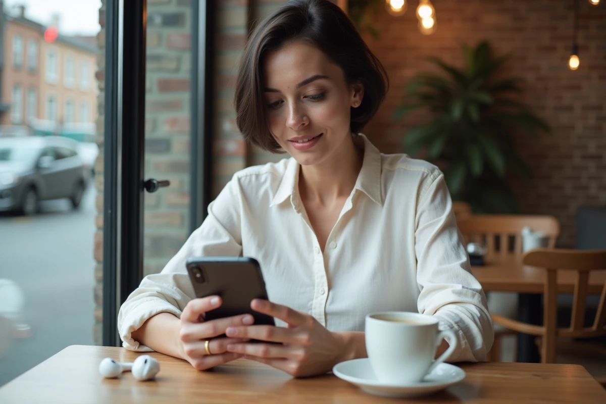 Femme consultant une alternative de convertisseur MP3 YouTube sur smartphone dans un café