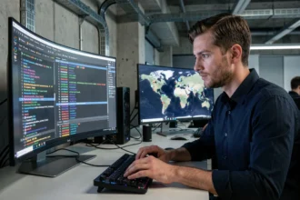 Professionnel informatique analysant des données d'adresse IP et de géolocalisation sur un écran dans un bureau technologique moderne