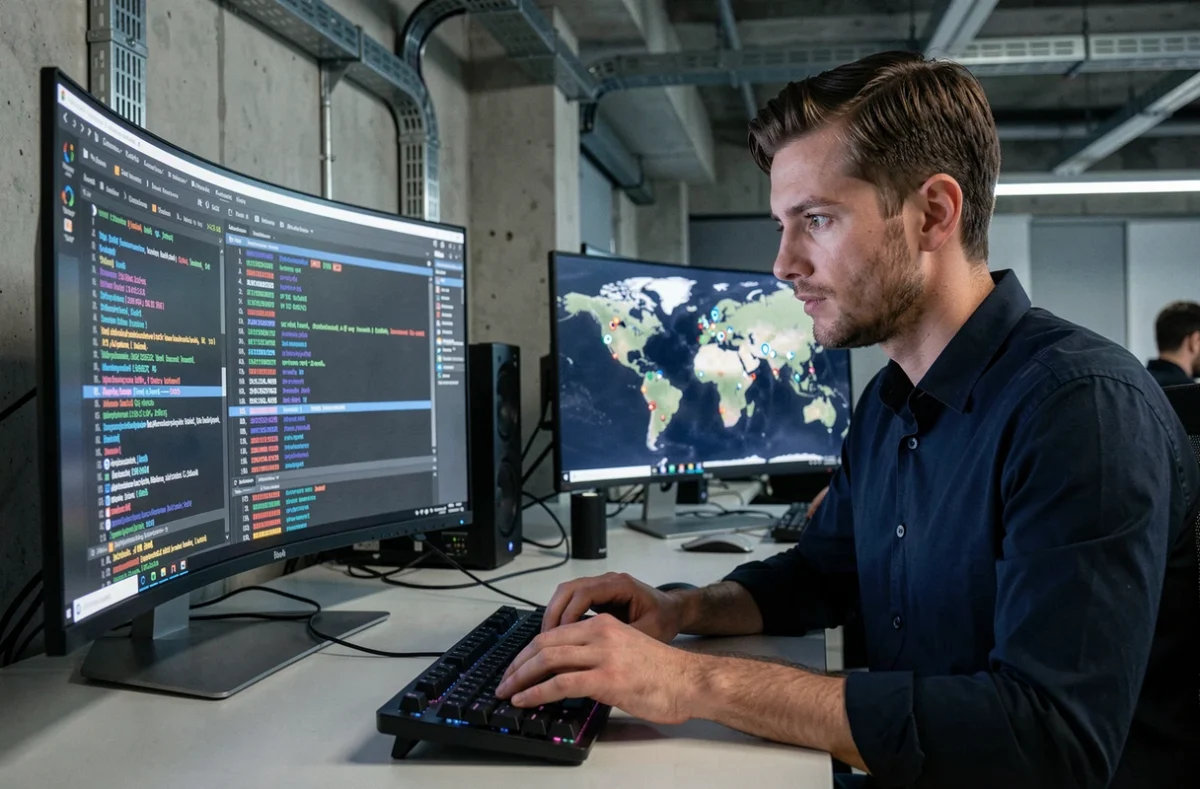 Professionnel informatique analysant des données d'adresse IP et de géolocalisation sur un écran dans un bureau technologique moderne