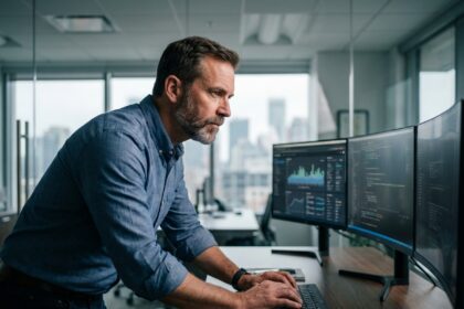 Analyste cybersécurité homme concentré surveillant écrans