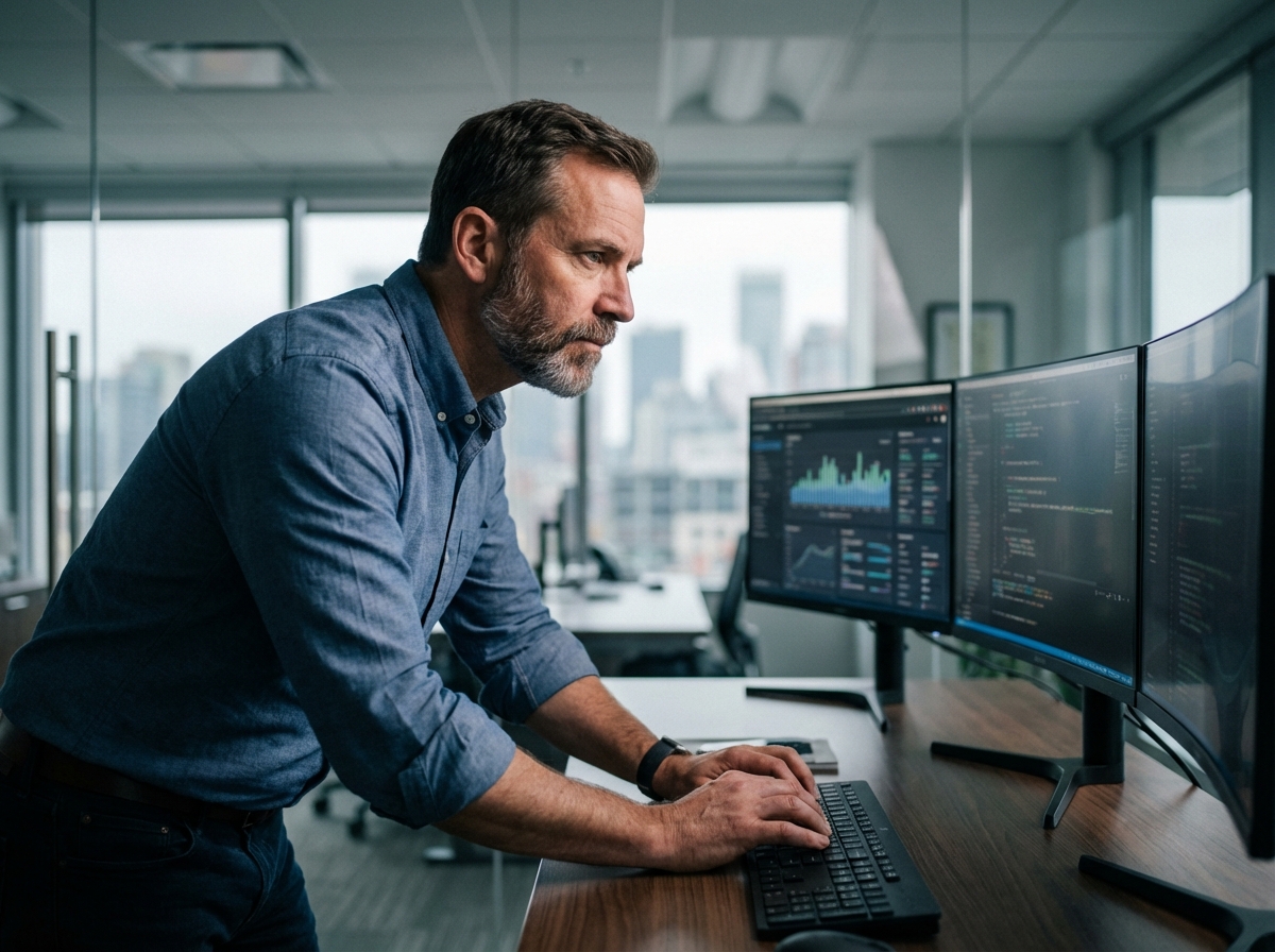 Analyste cybersécurité homme concentré surveillant écrans