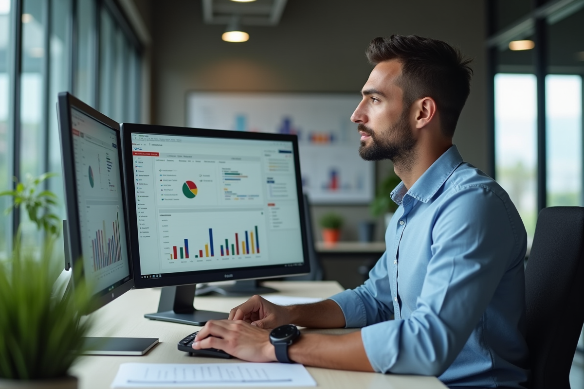 Homme d affaires analysant des données SEO sur un grand écran