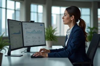 Professionnelle analysant les résultats Google USA pour le référencement sur le marché américain