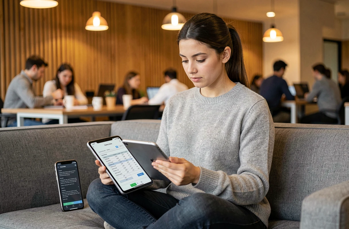 Jeune femme utilisant une application OCR sur tablette pour extraire les données d'un tableau PDF dans un espace de coworking