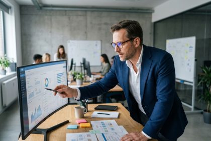 Architecte logiciel analysant un tableau de bord ERP sur mesure dans un bureau moderne