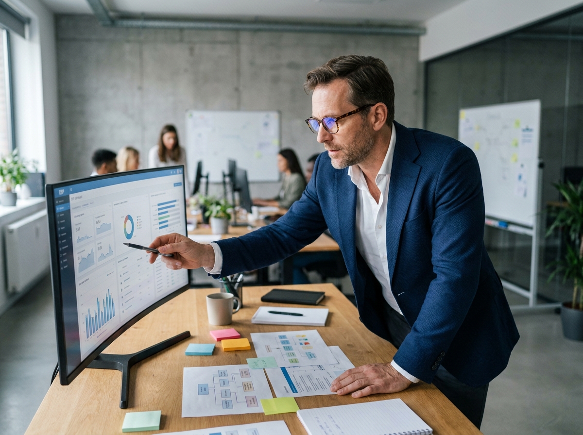 Architecte logiciel analysant un tableau de bord ERP sur mesure dans un bureau moderne
