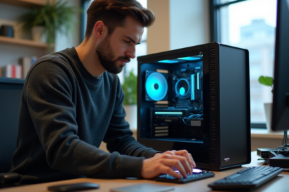 Jeune homme assemble un PC sur un bureau moderne