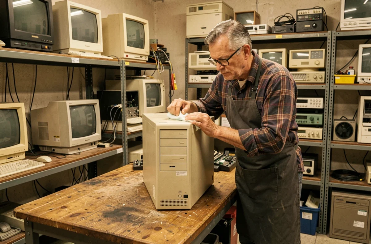 Technicien remettant en état un ancien ordinateur vintage dans l'atelier At'Home Info à Mulhouse