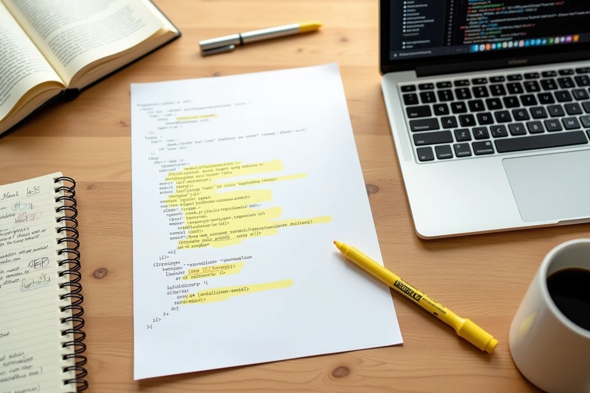 Vue aérienne d'un bureau avec une feuille de code HTML imprimée, un carnet de notes de structure web et un ordinateur portable ouvert sur un éditeur de code