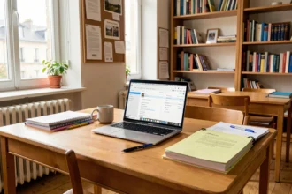 Bureau d'enseignant avec un ordinateur portable ouvert sur une boîte mail