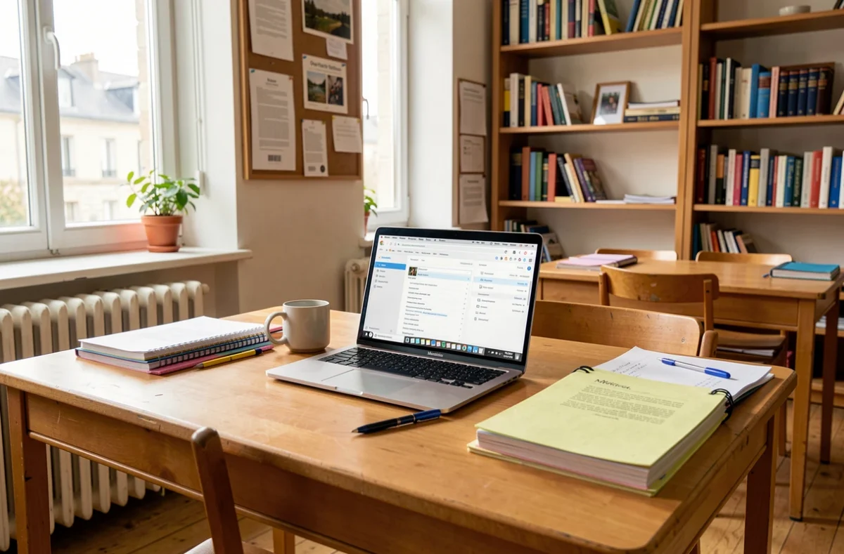 Bureau d'enseignant avec un ordinateur portable ouvert sur une boîte mail