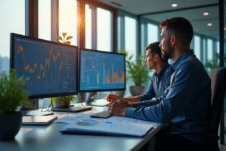 Espace de travail moderne avec équipe analysant des données