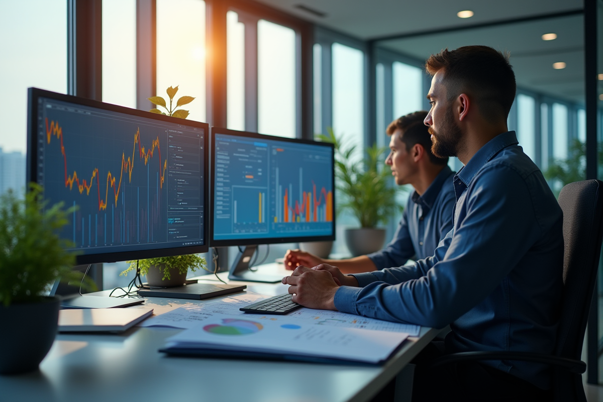Espace de travail moderne avec équipe analysant des données