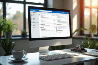 Bureau moderne avec ordinateur affichant la messagerie Outlook