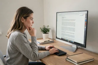 Femme faisant défiler une longue page web sur un écran d'ordinateur pour réaliser une capture d'écran complète