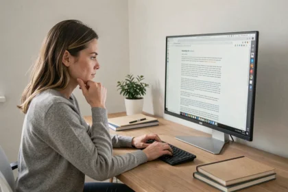 Femme faisant défiler une longue page web sur un écran d'ordinateur pour réaliser une capture d'écran complète