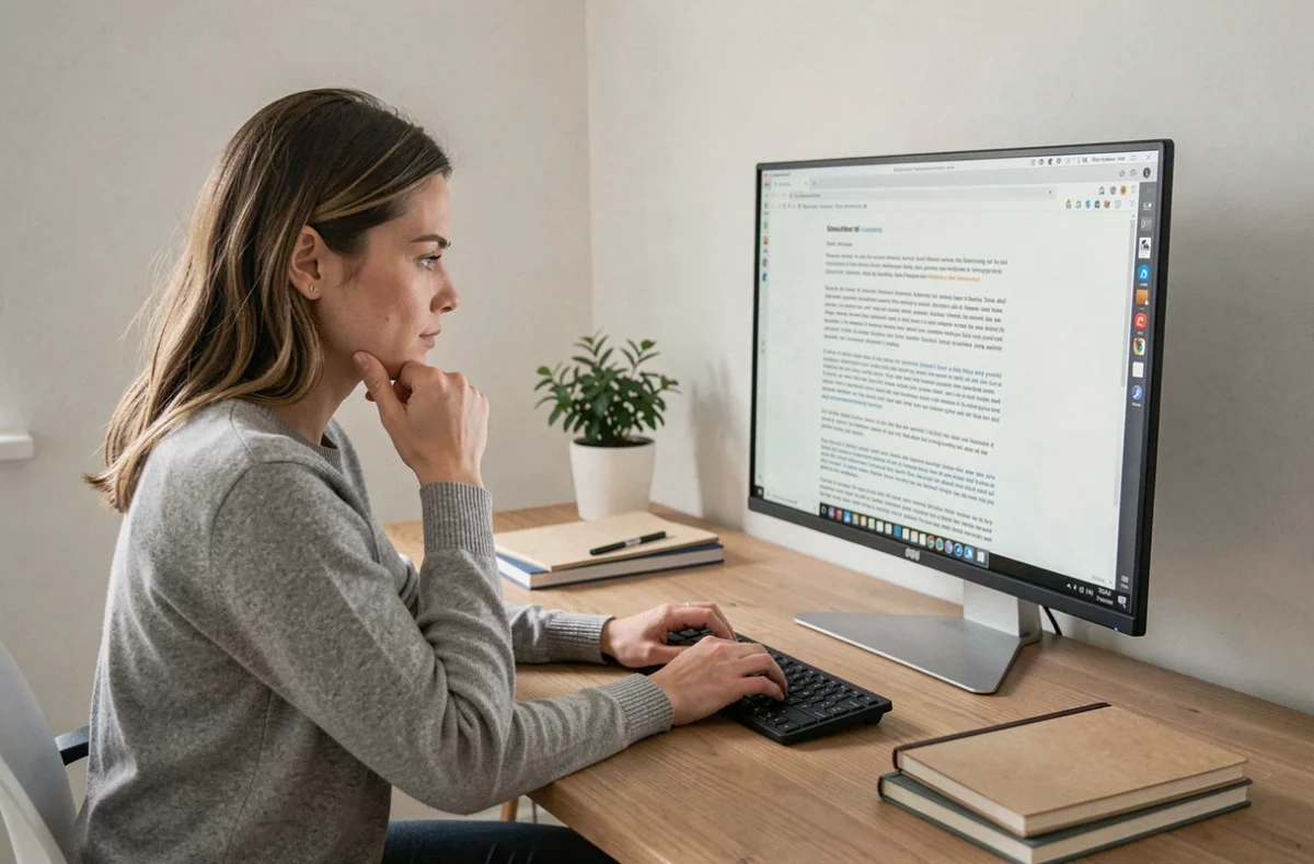 Femme faisant défiler une longue page web sur un écran d'ordinateur pour réaliser une capture d'écran complète
