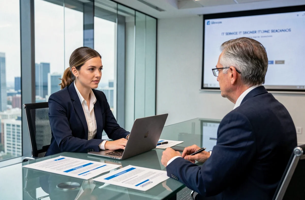 Responsable commerciale de Chelsea Services en réunion professionnelle avec un client entreprise