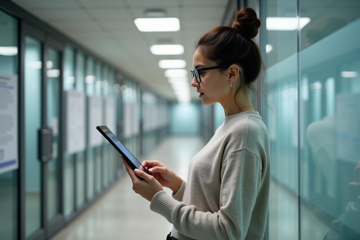 Jeune chercheuse vérifiant ses emails dans le couloir