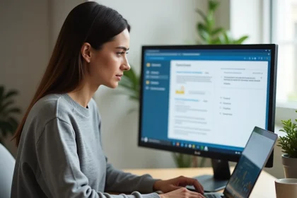 Femme consultant la clé de sécurité réseau dans les paramètres Windows 11 sur un ordinateur portable