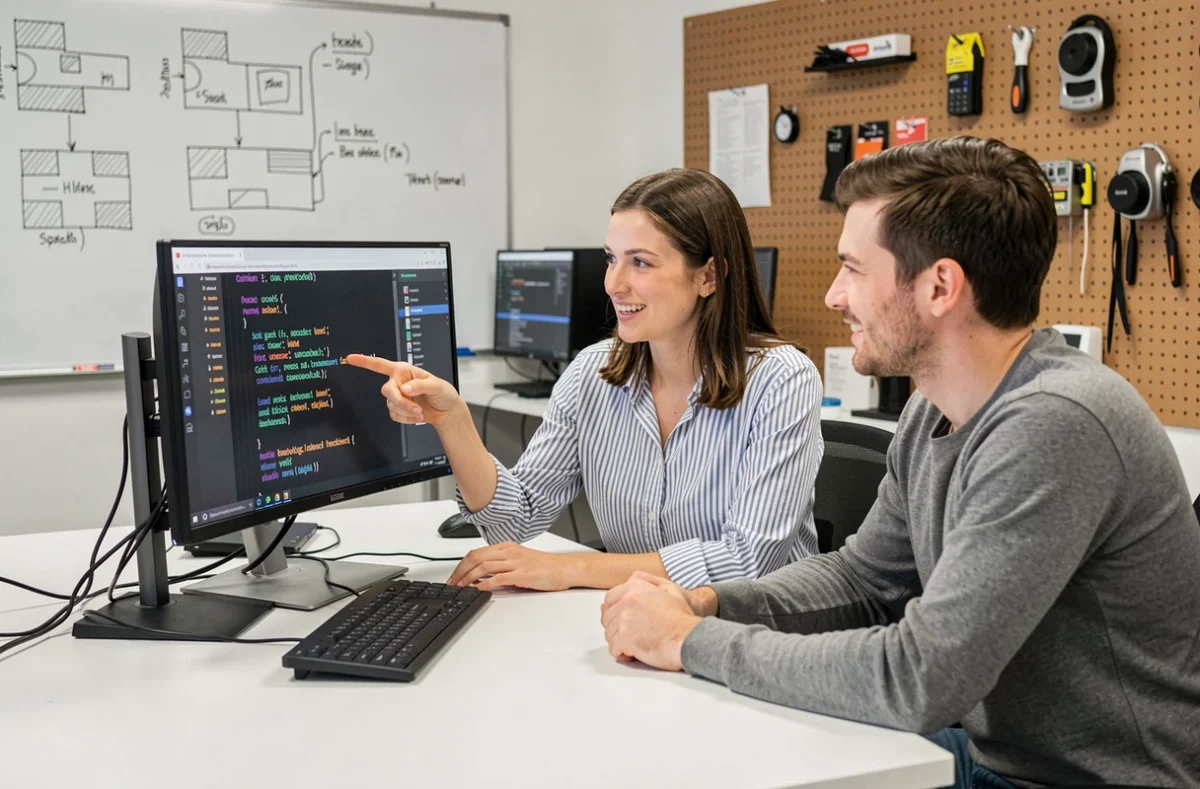 Deux développeurs en session de code review collaborant sur des annotations de type Dict en Python dans un bureau de startup