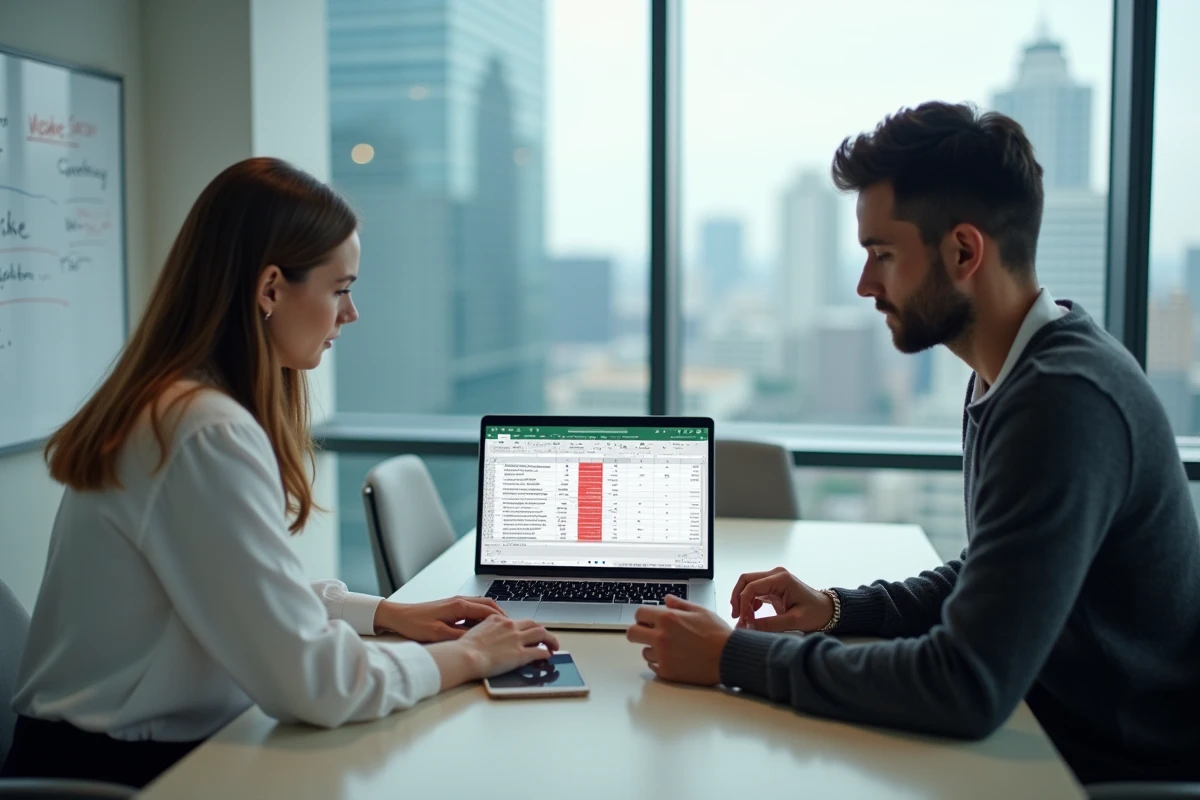 Deux collègues collaborant sur le nettoyage d'une base de données clients avec la mise en forme conditionnelle d'Excel en salle de réunion