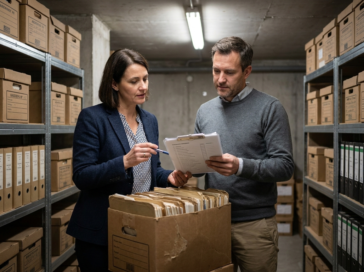 Deux collègues gérant des archives papier dans une salle de stockage