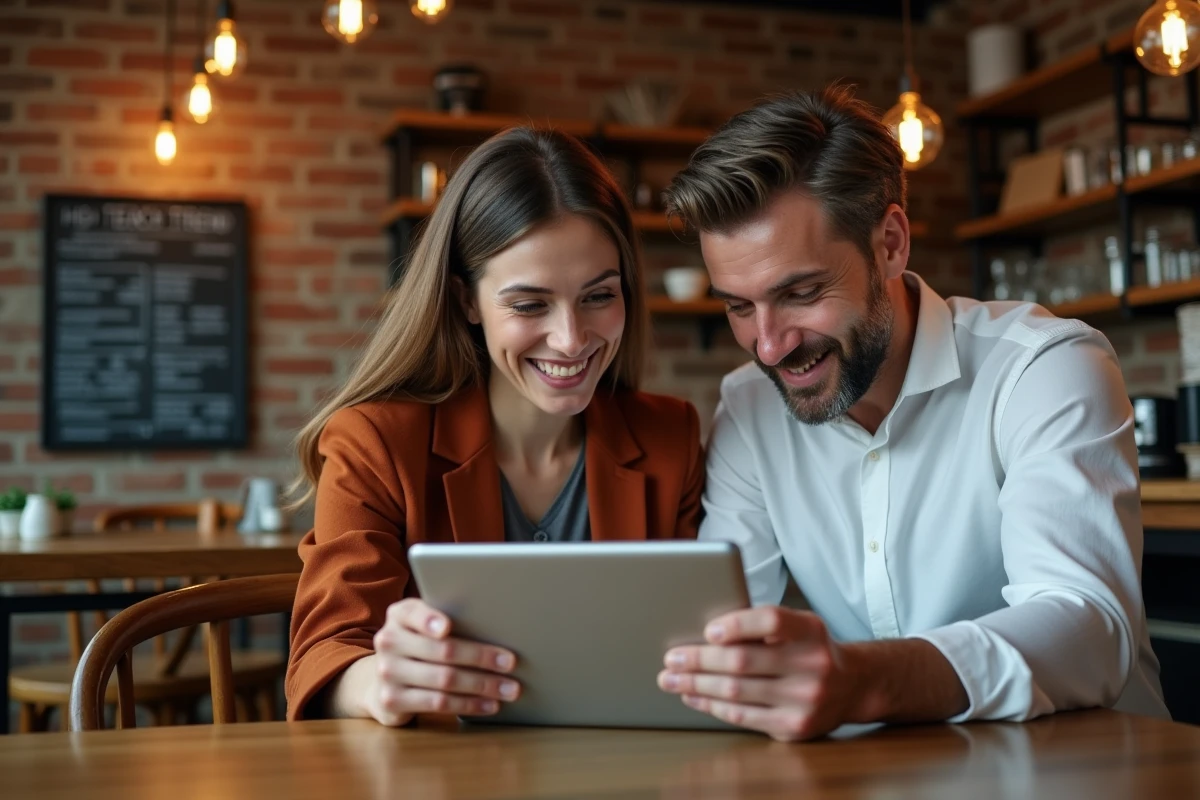 Deux collègues discutant des tendances high-tech sur une tablette dans un café urbain branché