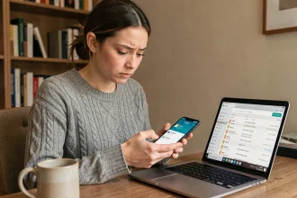 Jeune femme comparant la mémoire de stockage entre son smartphone Android et son ordinateur portable pour comprendre la différence entre gigaoctets et mégaoctets