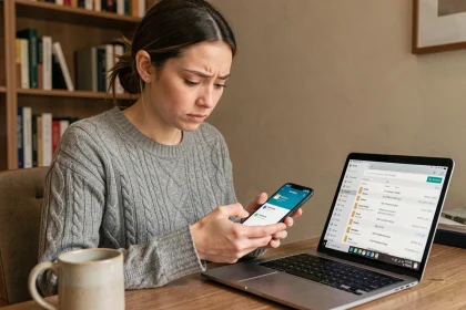Jeune femme comparant la mémoire de stockage entre son smartphone Android et son ordinateur portable pour comprendre la différence entre gigaoctets et mégaoctets