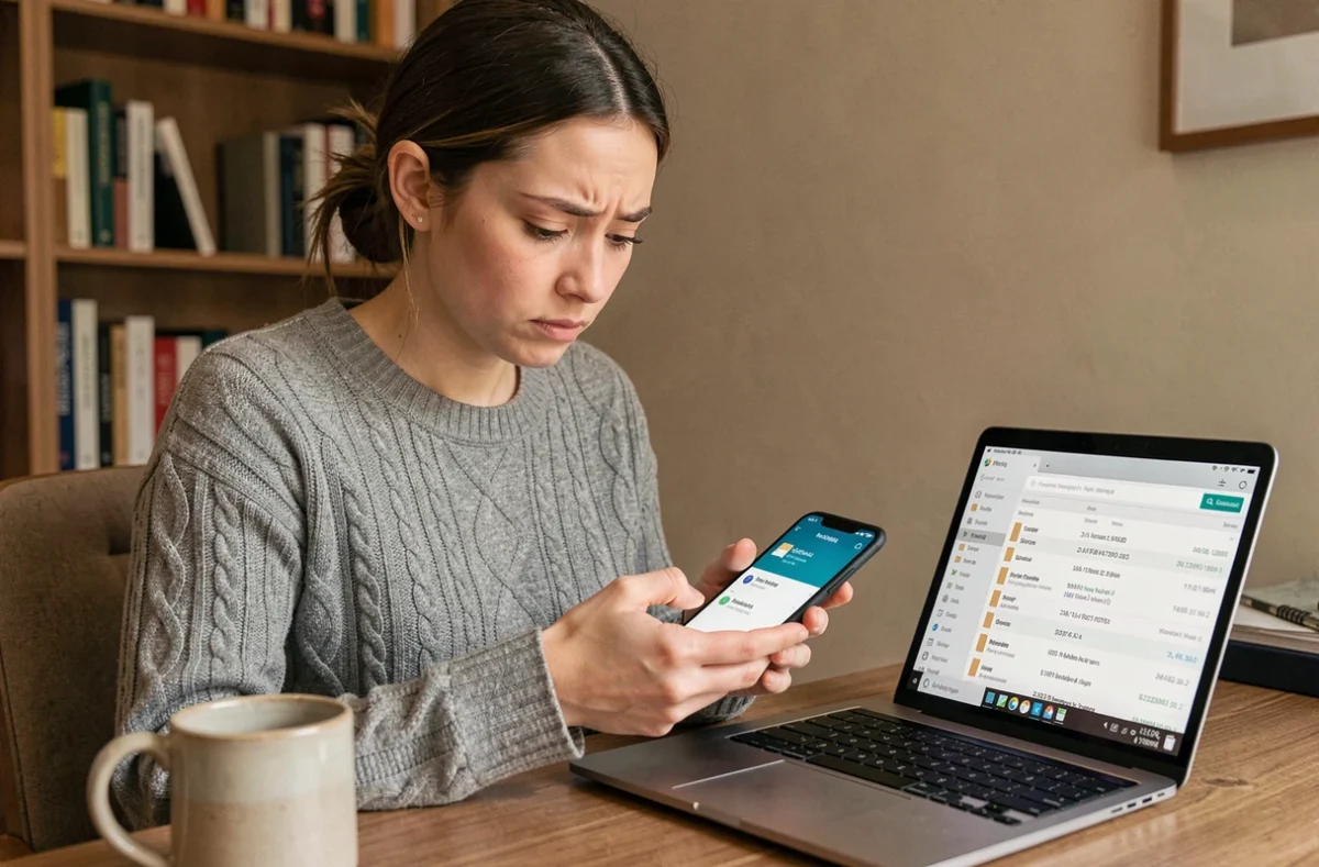 Jeune femme comparant la mémoire de stockage entre son smartphone Android et son ordinateur portable pour comprendre la différence entre gigaoctets et mégaoctets