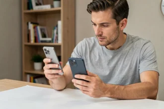 Homme comparant la taille du Samsung Galaxy S22 avec un autre smartphone sur un bureau blanc minimaliste