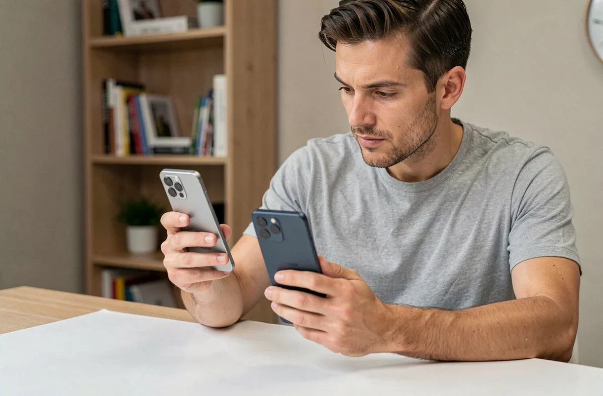 Homme comparant la taille du Samsung Galaxy S22 avec un autre smartphone sur un bureau blanc minimaliste