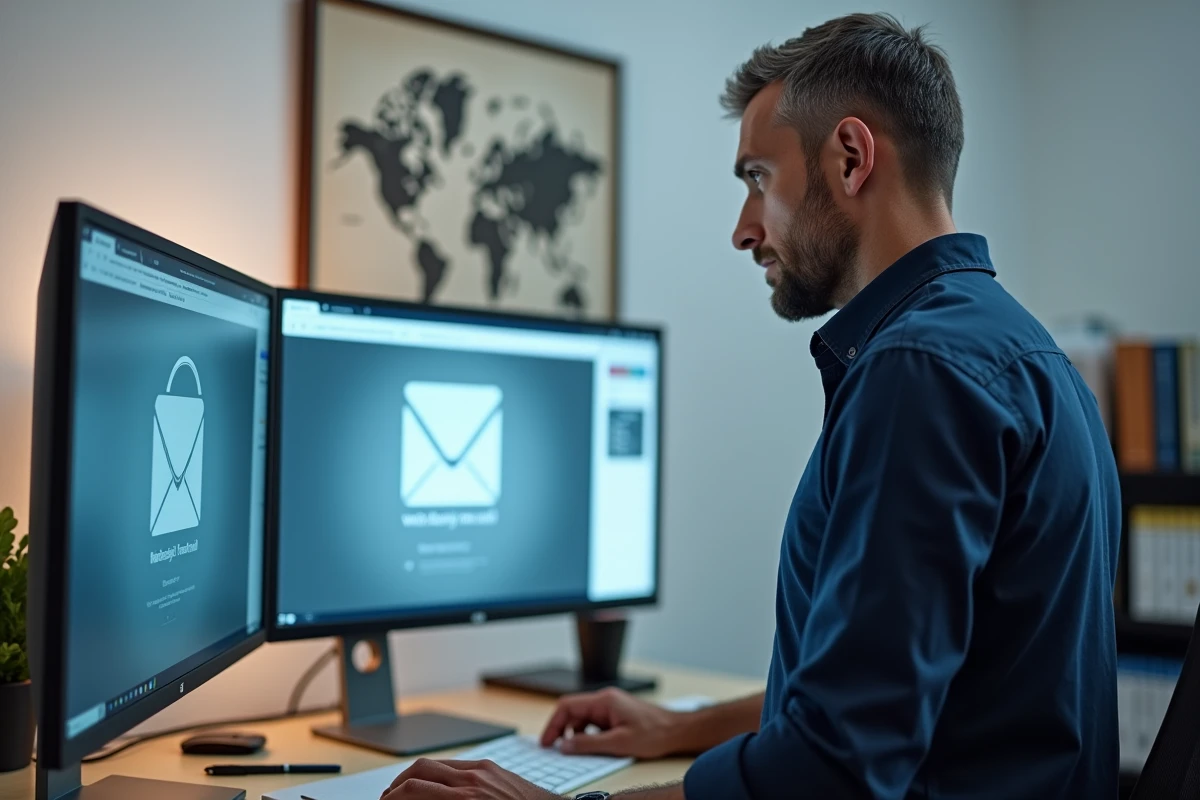 Comparaison de deux interfaces webmail affichées côte à côte sur un écran d'ordinateur de bureau dans un bureau à domicile