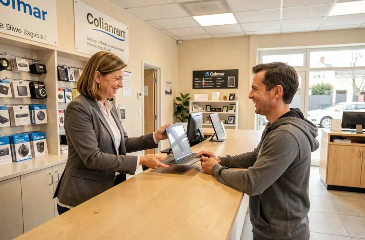 Technicienne remettant un ordinateur réparé à un client satisfait dans les locaux de Compuserv Informatique à Colmar