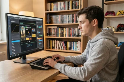Homme jeune configurant un émulateur de jeux rétro sur un ordinateur de bureau dans un home office chaleureux