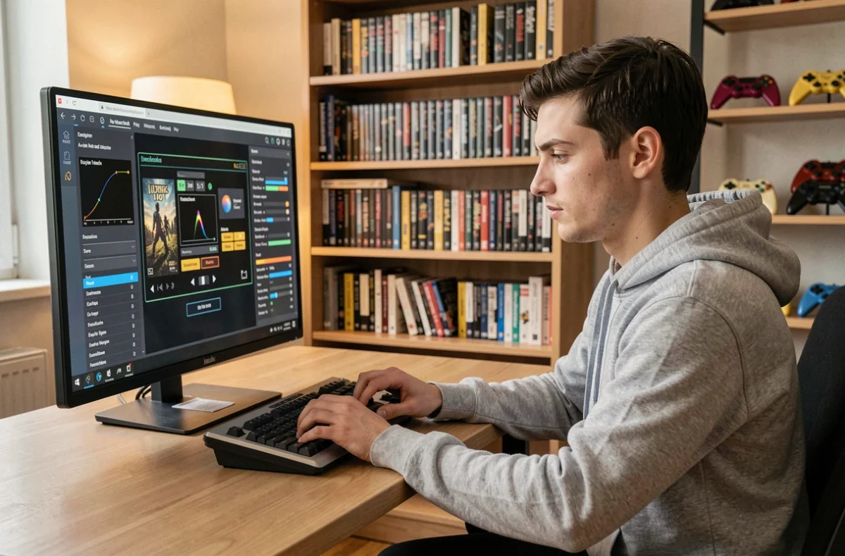 Homme jeune configurant un émulateur de jeux rétro sur un ordinateur de bureau dans un home office chaleureux