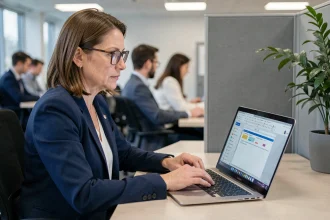 Femme configuring son client mail Outlook sur un ordinateur portable dans un bureau professionnel
