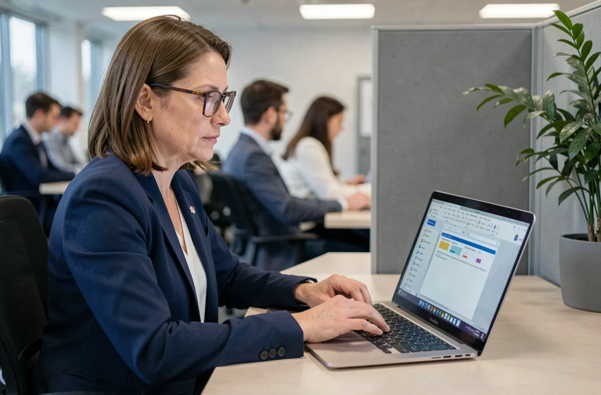 Femme configuring son client mail Outlook sur un ordinateur portable dans un bureau professionnel