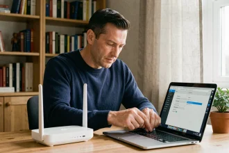 Homme configurant un routeur Freebox sur un bureau de télétravail à domicile